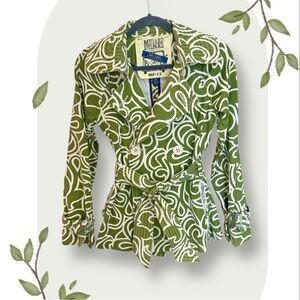 Millard Fillmore Green Ivory Retro Abstract Trench Style Short Jacket- Size XS